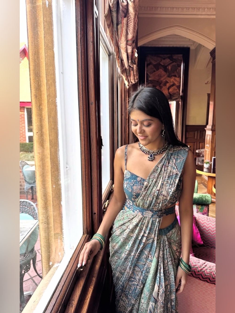 Anita Dongre Predraped Printed Teal Saree with Floral Blouse NWT size M